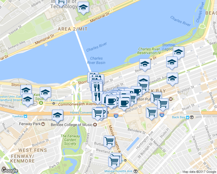 map of restaurants, bars, coffee shops, grocery stores, and more near 457 Beacon Street in Boston
