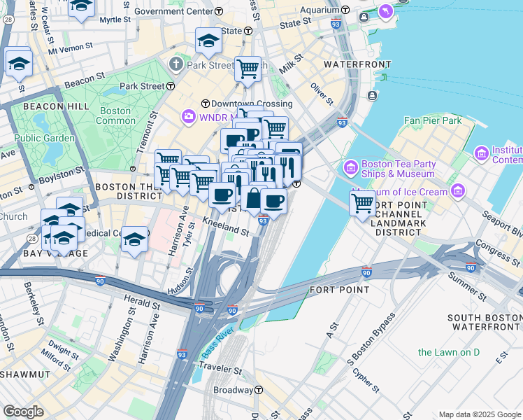 map of restaurants, bars, coffee shops, grocery stores, and more near 711 Atlantic Avenue in Boston