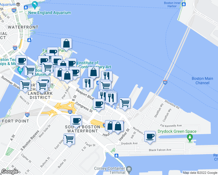 map of restaurants, bars, coffee shops, grocery stores, and more near 28 Boston Fish Pier in Boston