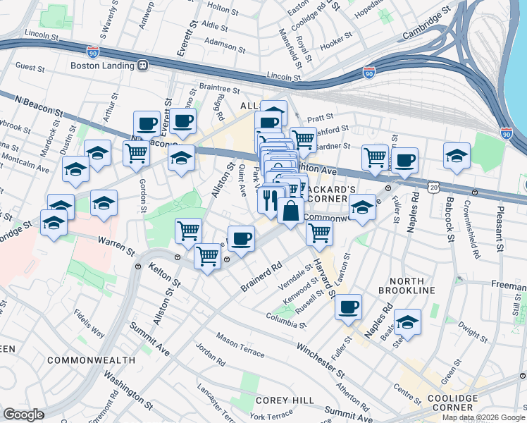 map of restaurants, bars, coffee shops, grocery stores, and more near 10-14 Park Vale Avenue in Boston