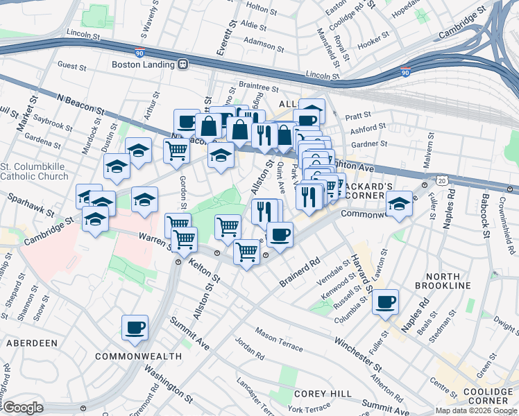 map of restaurants, bars, coffee shops, grocery stores, and more near 68 Allston Street in Boston