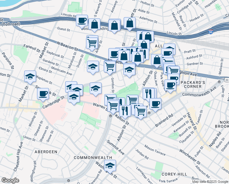 map of restaurants, bars, coffee shops, grocery stores, and more near 59 Gordon Street in Boston