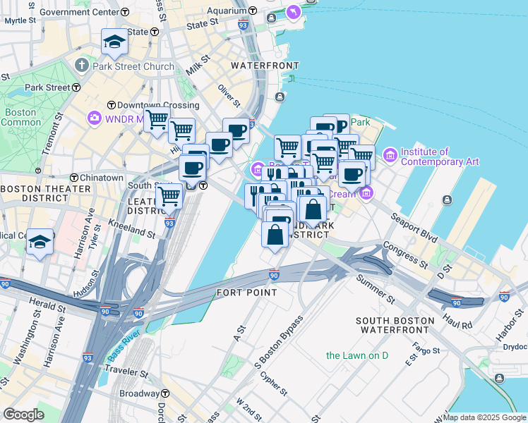 map of restaurants, bars, coffee shops, grocery stores, and more near 250 Summer Street in Boston