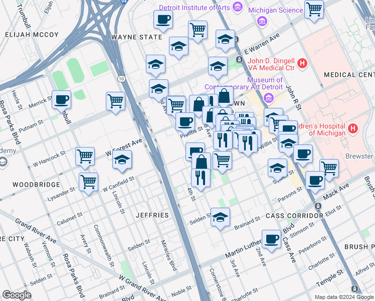 map of restaurants, bars, coffee shops, grocery stores, and more near 4418 3rd Avenue in Detroit