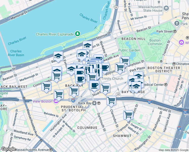 map of restaurants, bars, coffee shops, grocery stores, and more near 130B Newbury Street in Boston