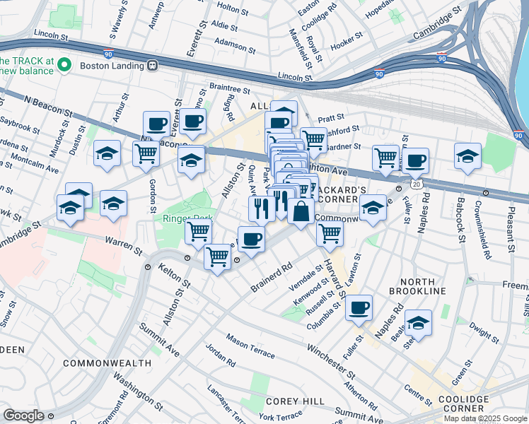 map of restaurants, bars, coffee shops, grocery stores, and more near 10-14 Park Vale Avenue in Boston
