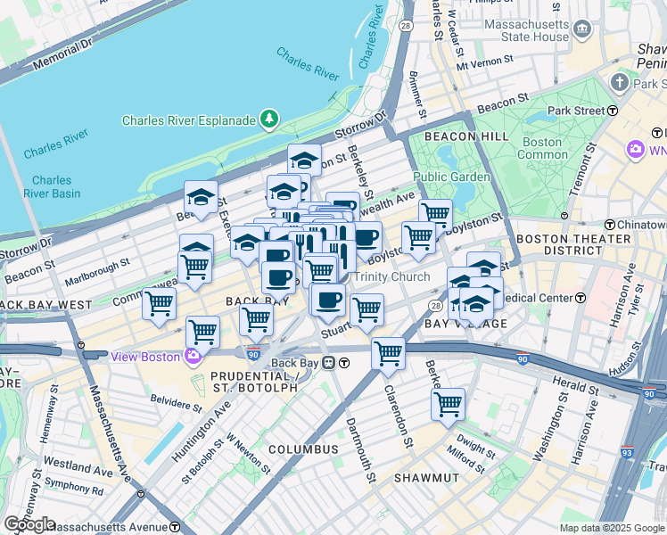 map of restaurants, bars, coffee shops, grocery stores, and more near 545 Boylston Street in Boston