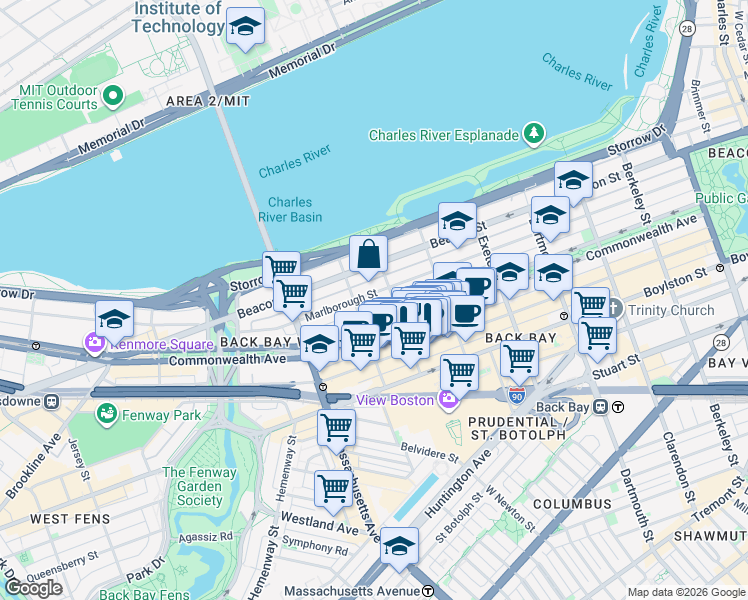 map of restaurants, bars, coffee shops, grocery stores, and more near 346 Marlborough Street in Boston