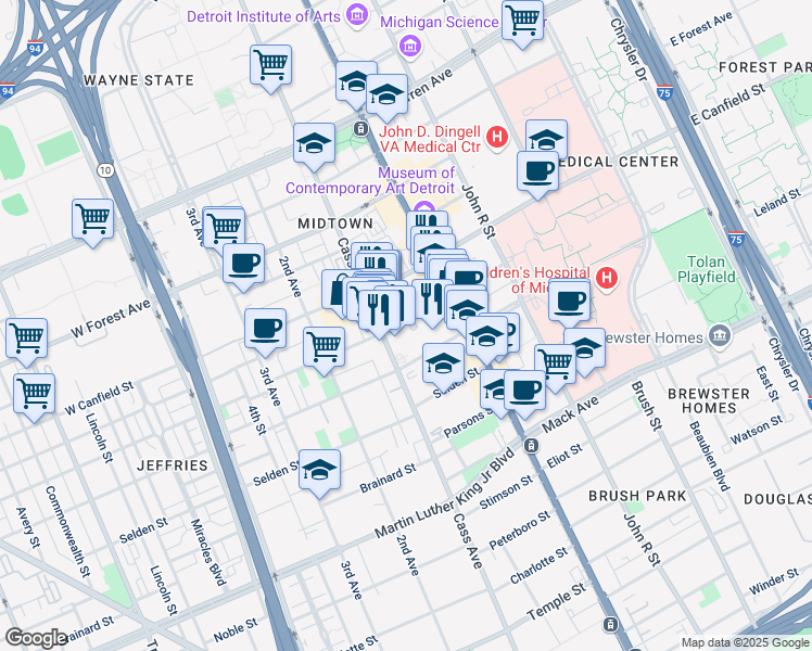 map of restaurants, bars, coffee shops, grocery stores, and more near 115 West Willis Street in Detroit