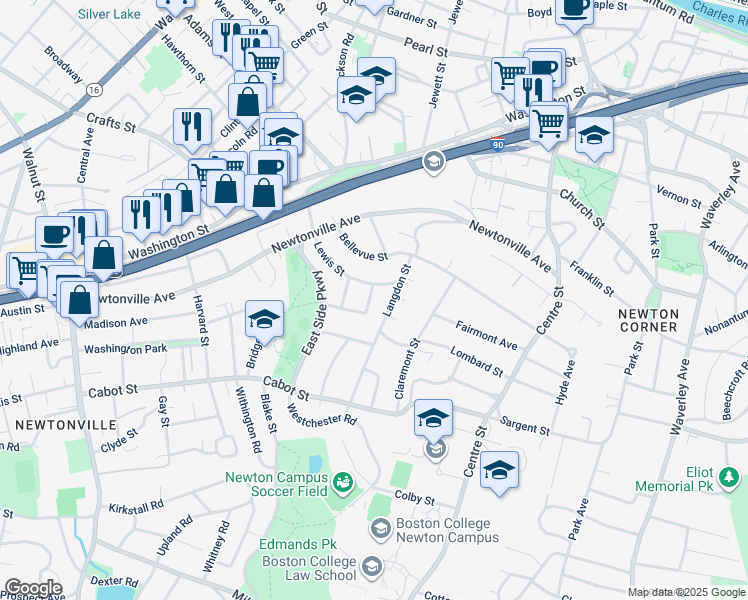 map of restaurants, bars, coffee shops, grocery stores, and more near 14 Princeton Street in Newton