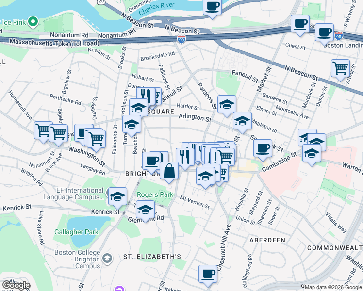 map of restaurants, bars, coffee shops, grocery stores, and more near 87 Surrey Street in Boston