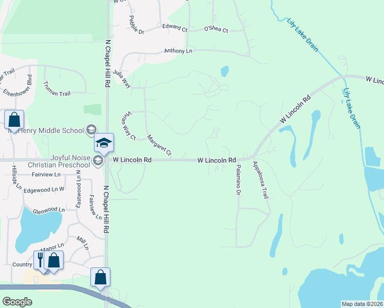 map of restaurants, bars, coffee shops, grocery stores, and more near 1718 West Lincoln Road in Lakemoor