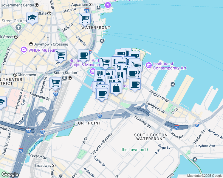 map of restaurants, bars, coffee shops, grocery stores, and more near 338 Congress Street in Boston