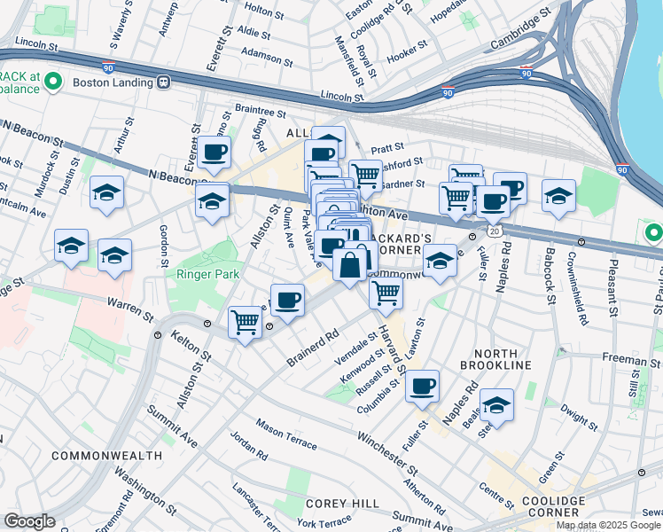 map of restaurants, bars, coffee shops, grocery stores, and more near 1245 Commonwealth Avenue in Boston