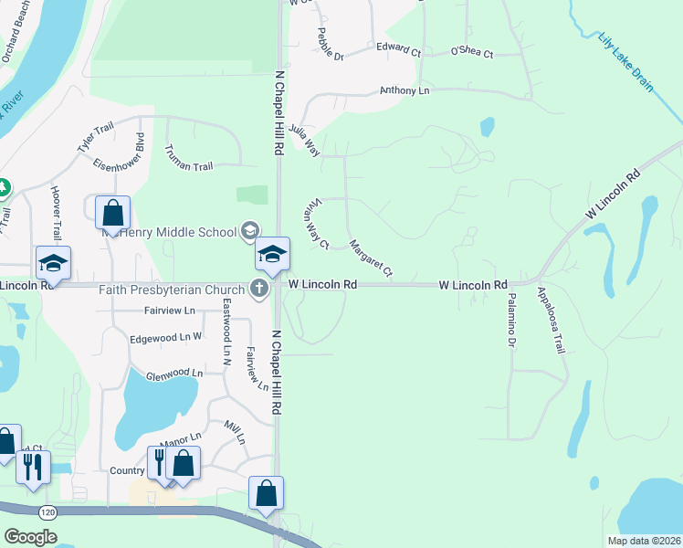 map of restaurants, bars, coffee shops, grocery stores, and more near 1815 Mason Corte in Lakemoor