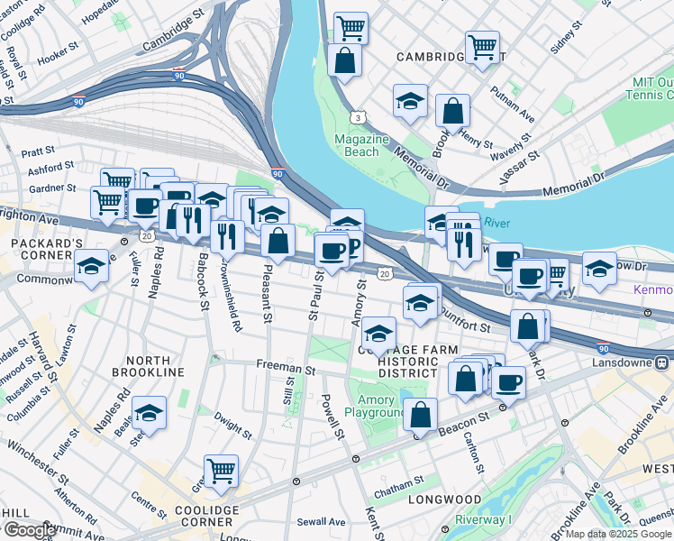 map of restaurants, bars, coffee shops, grocery stores, and more near 884 Commonwealth Avenue in Brookline