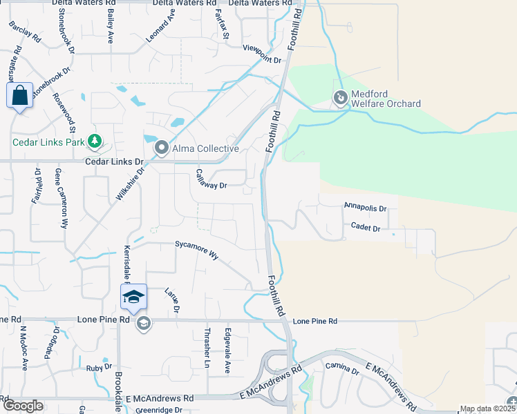 map of restaurants, bars, coffee shops, grocery stores, and more near 2380 North Foothill Road in Medford
