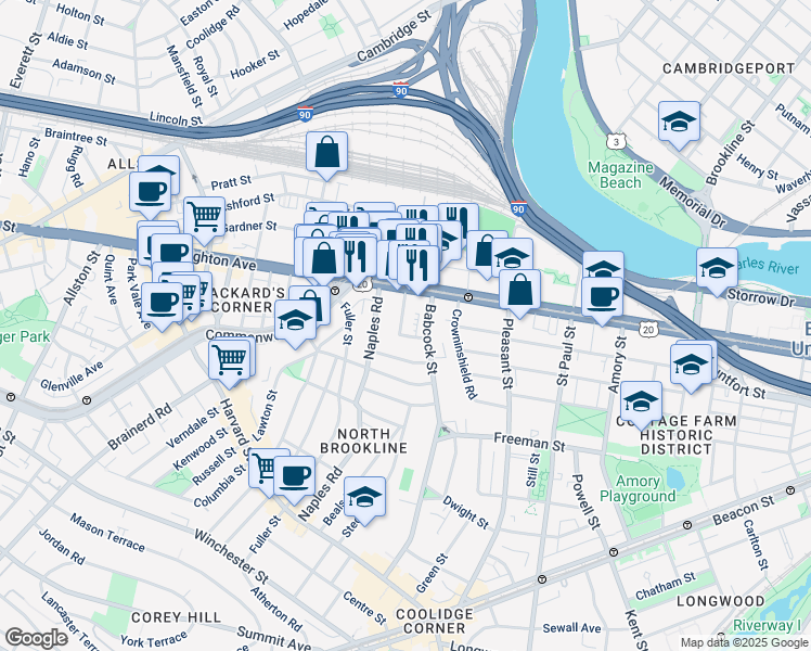 map of restaurants, bars, coffee shops, grocery stores, and more near 20 Winslow Road in Brookline