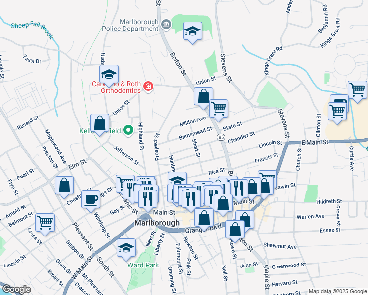 map of restaurants, bars, coffee shops, grocery stores, and more near 73 Tremont Street in Marlborough