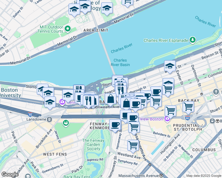 map of restaurants, bars, coffee shops, grocery stores, and more near 520 Beacon Street in Boston