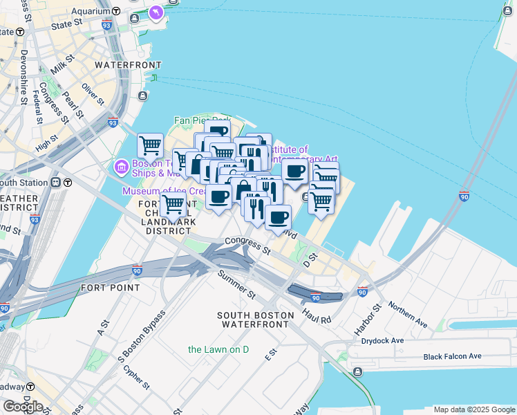 map of restaurants, bars, coffee shops, grocery stores, and more near 150 Seaport Boulevard in Boston