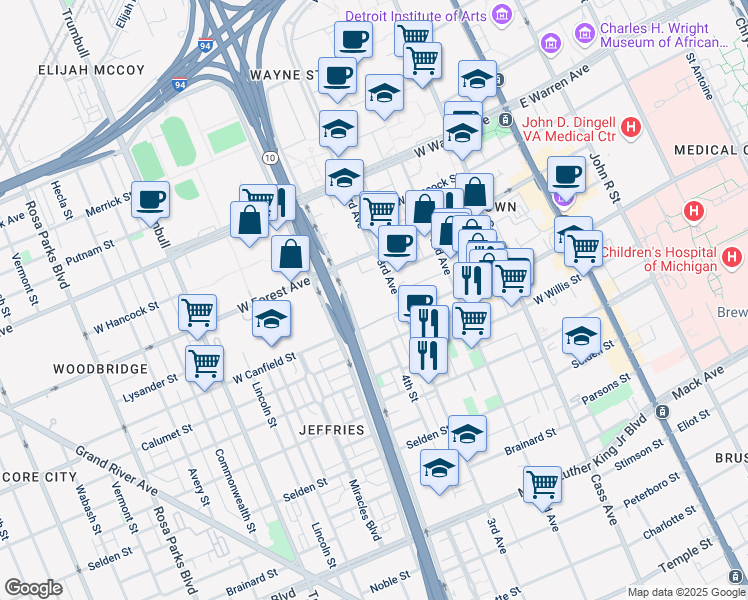 map of restaurants, bars, coffee shops, grocery stores, and more near 4415 3rd Avenue in Detroit