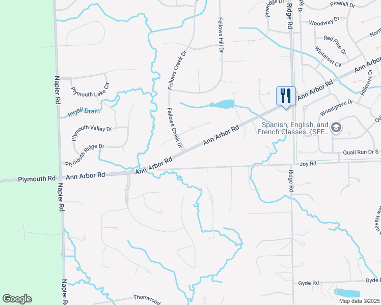 map of restaurants, bars, coffee shops, grocery stores, and more near 50325 Ann Arbor Road in Plymouth