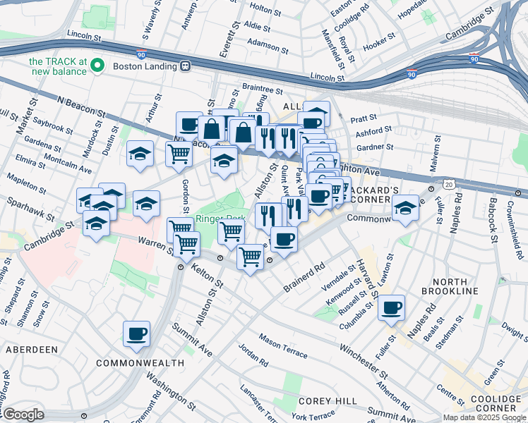 map of restaurants, bars, coffee shops, grocery stores, and more near 68 Allston Street in Boston