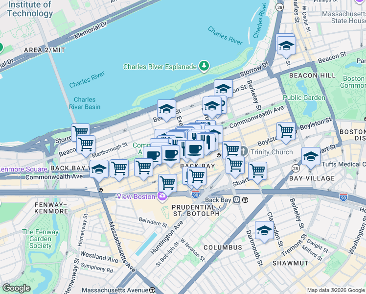 map of restaurants, bars, coffee shops, grocery stores, and more near 25 Exeter Street in Boston