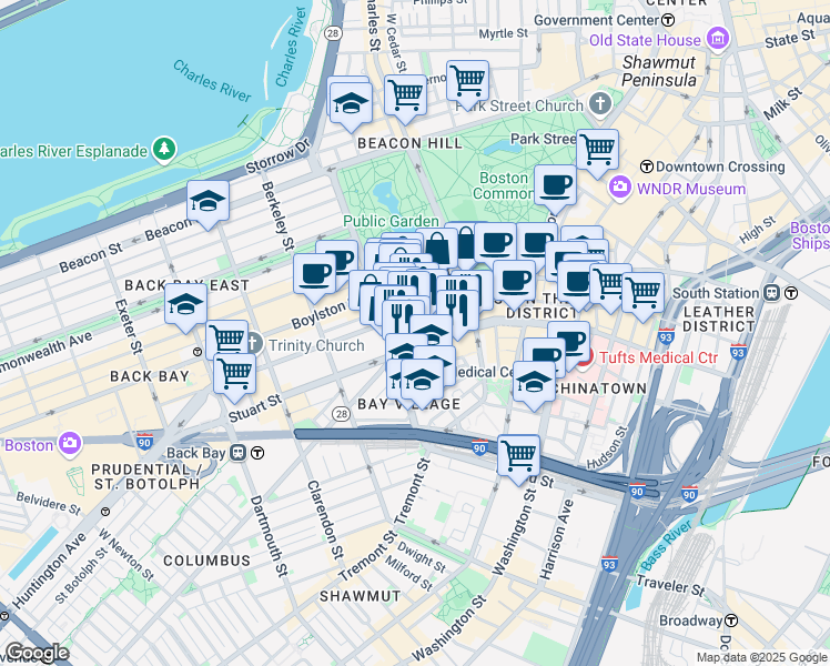 map of restaurants, bars, coffee shops, grocery stores, and more near in Boston