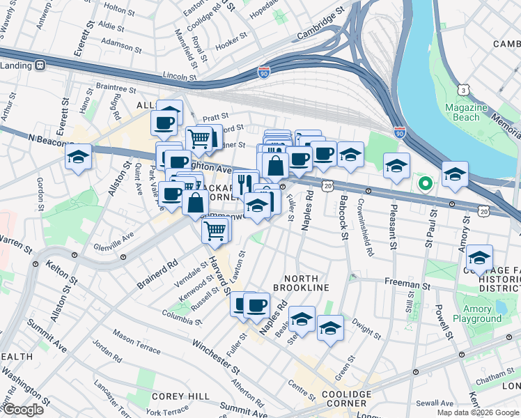 map of restaurants, bars, coffee shops, grocery stores, and more near Commonwealth Avenue & Thorndike St in Boston
