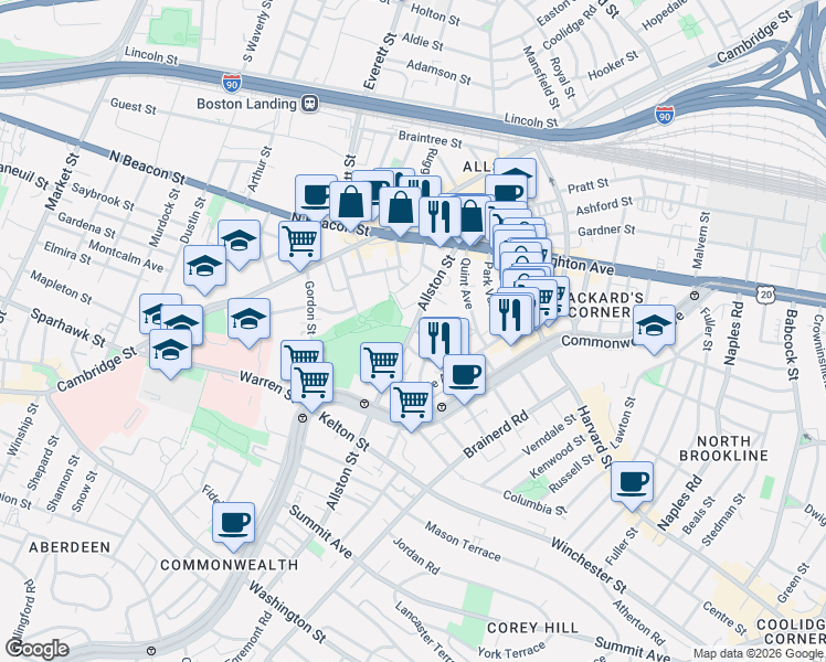 map of restaurants, bars, coffee shops, grocery stores, and more near Allston Street & Greylock Road in Boston