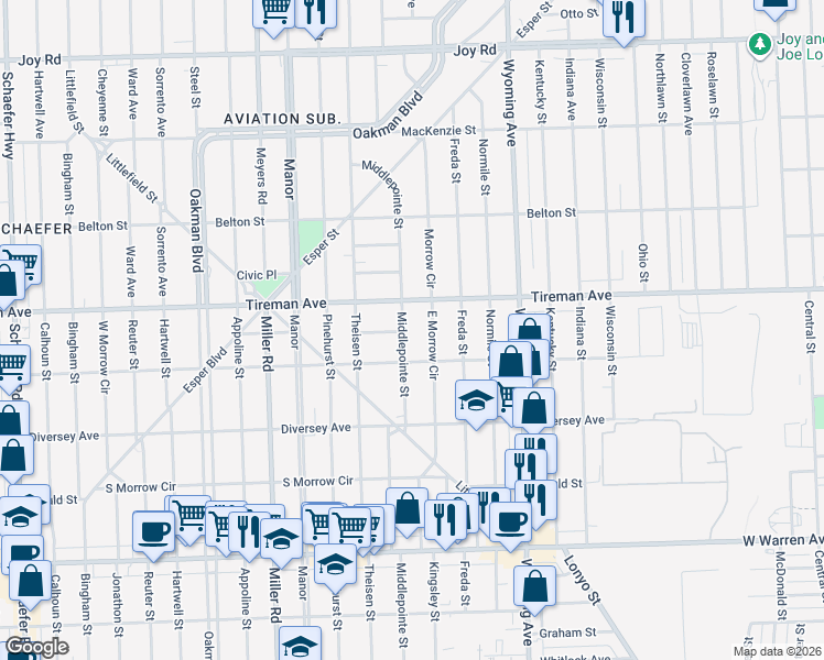 map of restaurants, bars, coffee shops, grocery stores, and more near 7919 East Morrow Circle in Dearborn