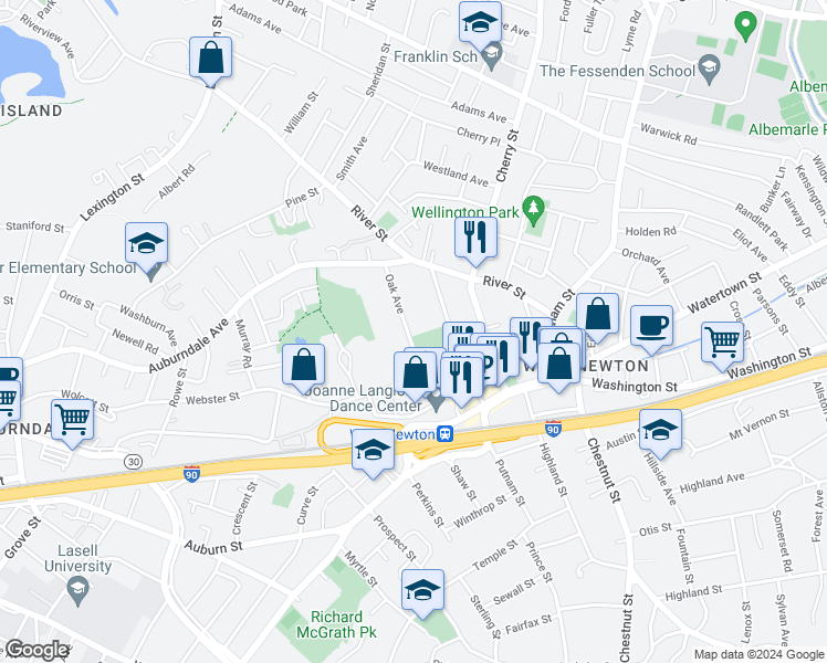 map of restaurants, bars, coffee shops, grocery stores, and more near 60 Oak Avenue in Newton