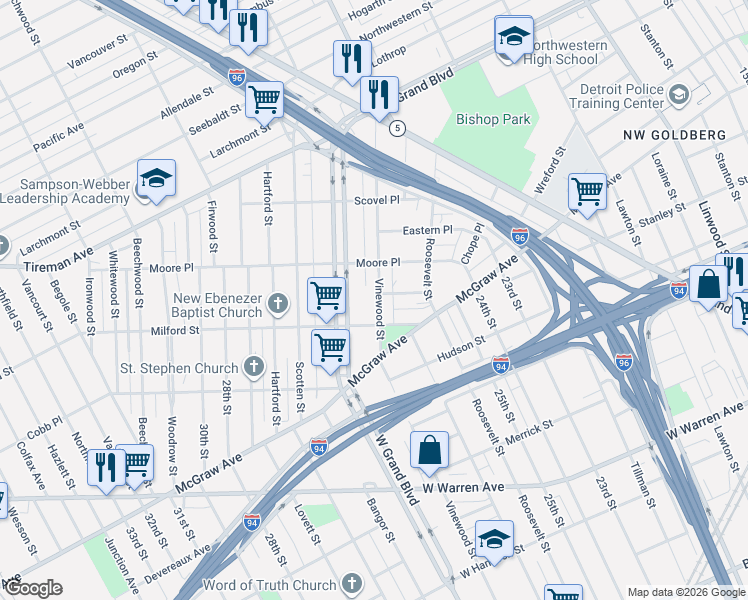 map of restaurants, bars, coffee shops, grocery stores, and more near 6369 Vinewood Street in Detroit