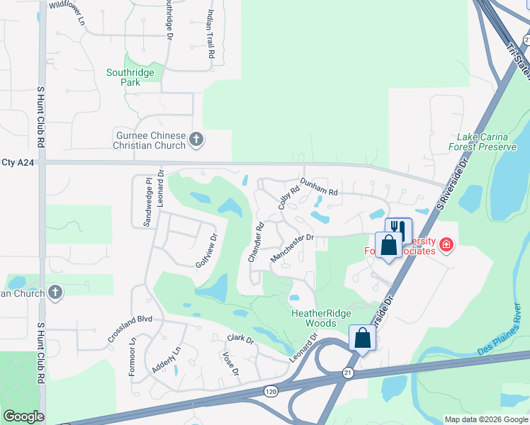 map of restaurants, bars, coffee shops, grocery stores, and more near 690 Chandler Road in Gurnee