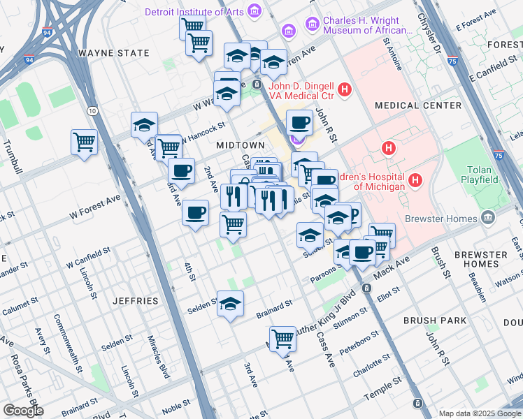 map of restaurants, bars, coffee shops, grocery stores, and more near 4229 Cass Avenue in Detroit