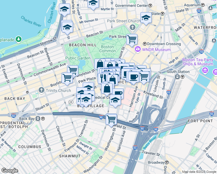 map of restaurants, bars, coffee shops, grocery stores, and more near 110 Stuart Street in Boston