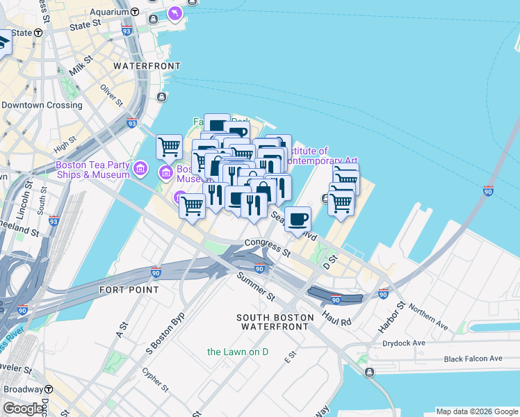 map of restaurants, bars, coffee shops, grocery stores, and more near 150 Seaport Boulevard in Boston