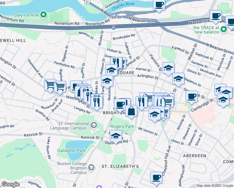 map of restaurants, bars, coffee shops, grocery stores, and more near 51 Brock Street in Boston