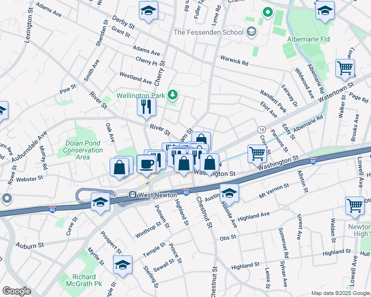 map of restaurants, bars, coffee shops, grocery stores, and more near 492 Waltham Street in Newton