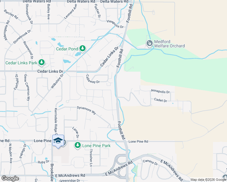 map of restaurants, bars, coffee shops, grocery stores, and more near 2380 North Foothill Road in Medford