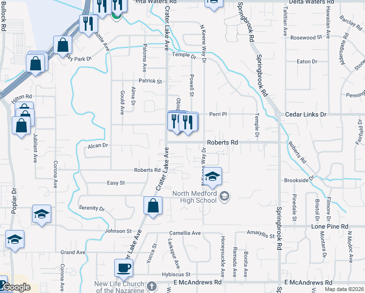 map of restaurants, bars, coffee shops, grocery stores, and more near 2043 Roberts Road in Medford