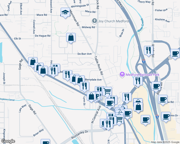 map of restaurants, bars, coffee shops, grocery stores, and more near 2335 Table Rock Road in Medford