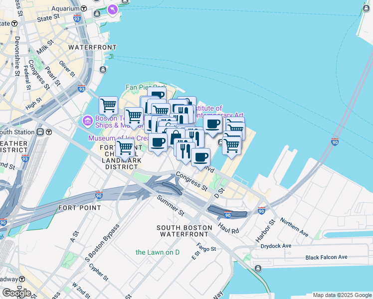 map of restaurants, bars, coffee shops, grocery stores, and more near 142 Pier 4 Boulevard in Boston