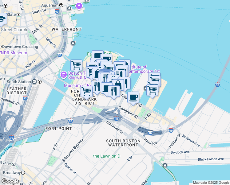 map of restaurants, bars, coffee shops, grocery stores, and more near 121 Seaport Boulevard in Boston