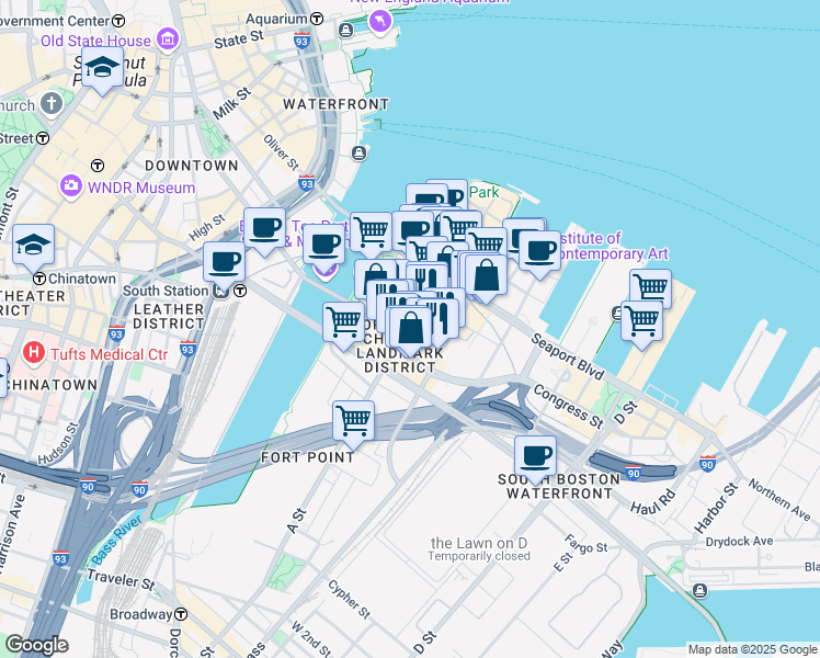 map of restaurants, bars, coffee shops, grocery stores, and more near 25 Thomson Place in Boston