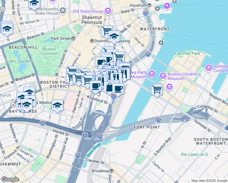 map of restaurants, bars, coffee shops, grocery stores, and more near 711 Atlantic Avenue in Boston