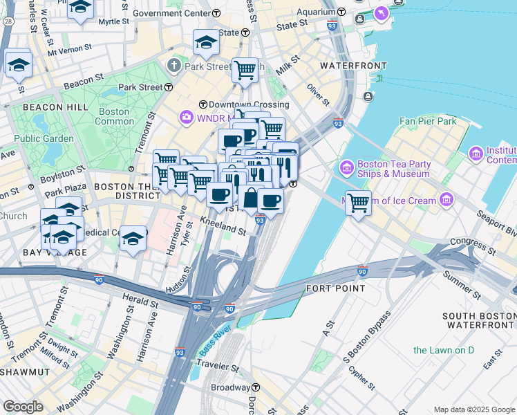 map of restaurants, bars, coffee shops, grocery stores, and more near 711 Atlantic Avenue in Boston