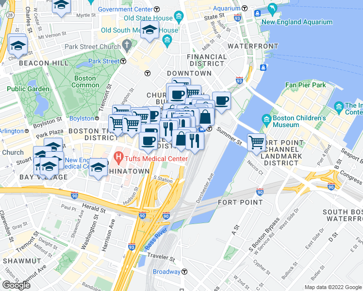 map of restaurants, bars, coffee shops, grocery stores, and more near 711 Atlantic Avenue in Boston